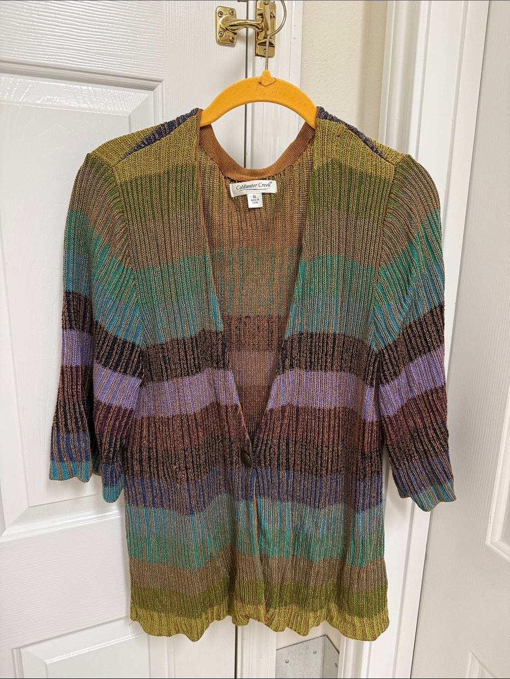 Coldwater Creek Striped Open Cardigan in Green, Turquoise, Brown and Purple